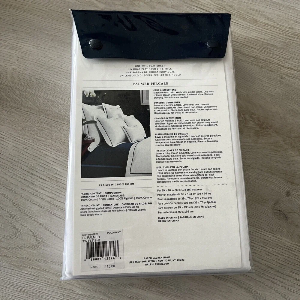 Ralph Lauren Palmer Home Bedding Flat Sheet White Polo Navy‎ Blue TWIN